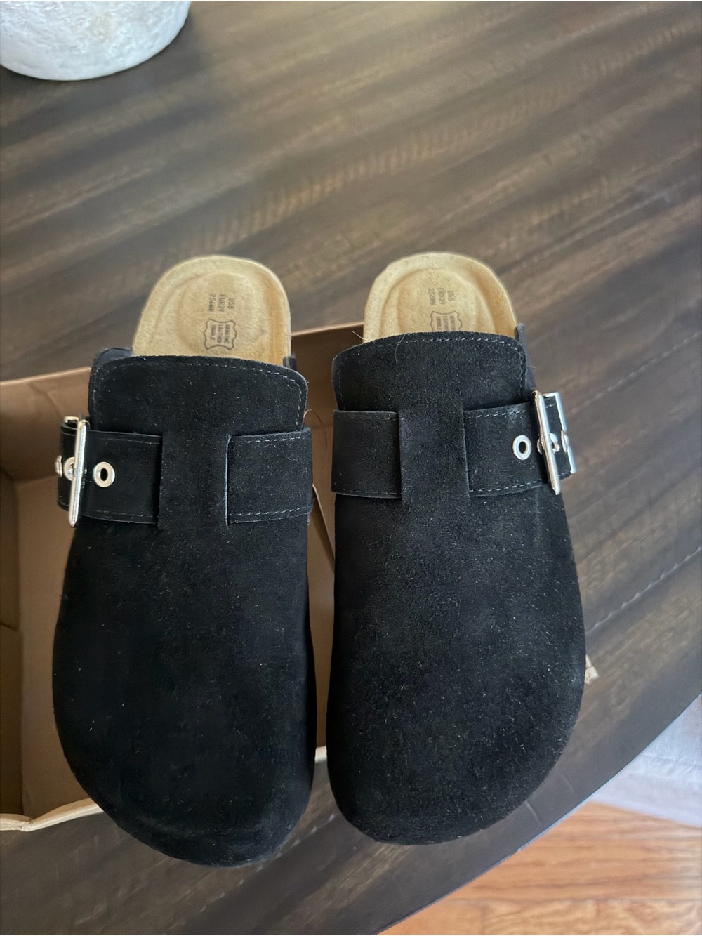 Project Cloud Black Slip-On Suede Clog with Silver Adjustable Buckle